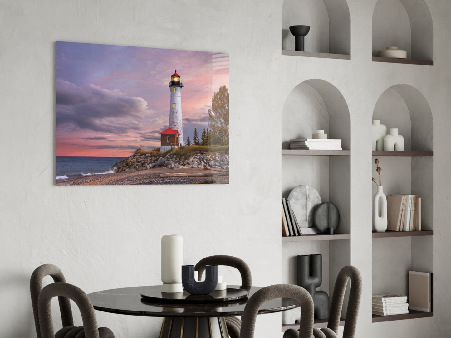 Autumn Shoreline Lighthouse Glass Wall Art