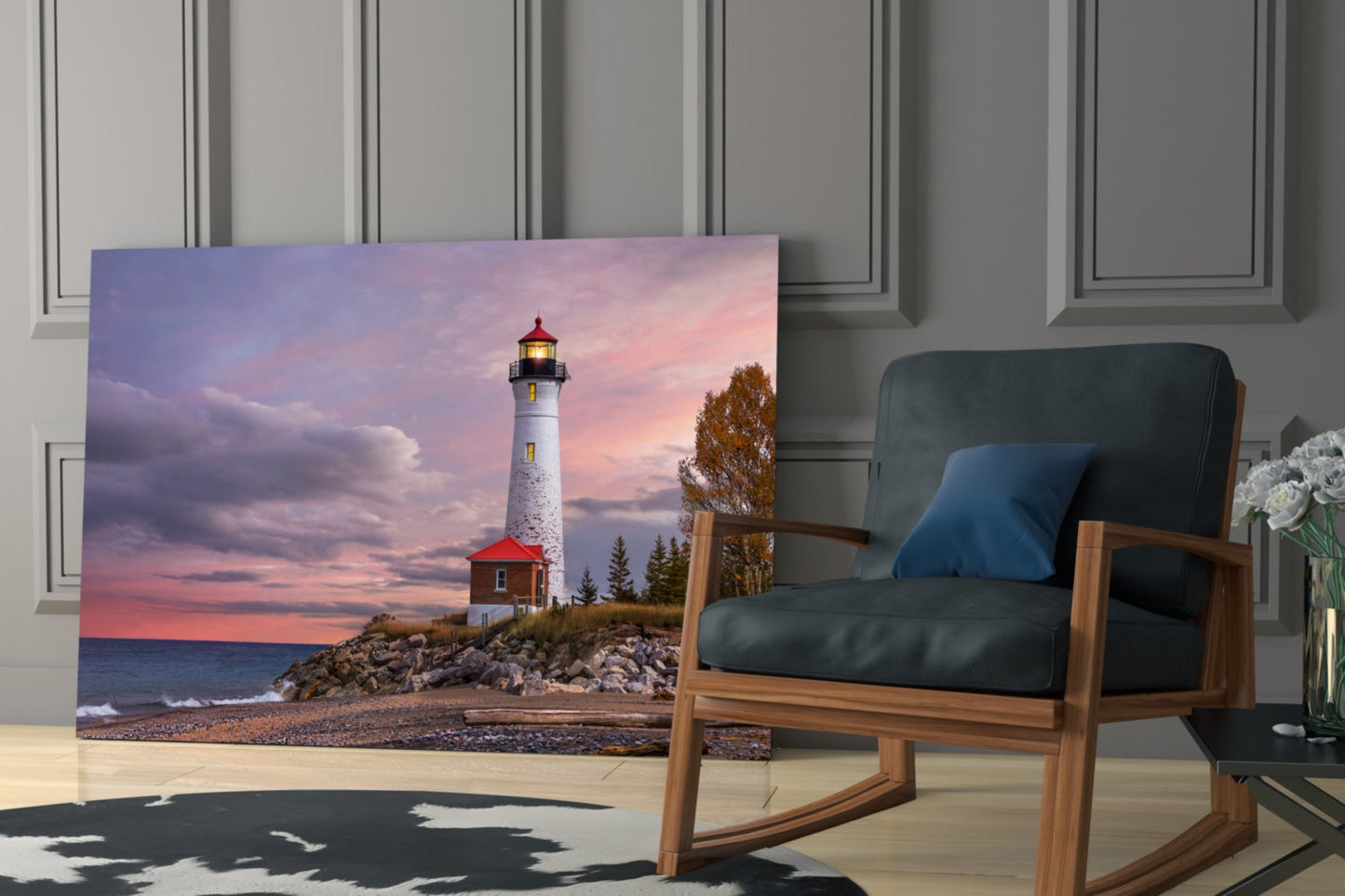 Autumn Shoreline Lighthouse Glass Wall Art