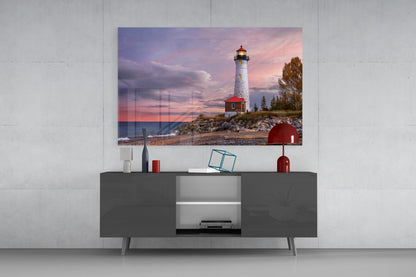 Autumn Shoreline Lighthouse Glass Wall Art