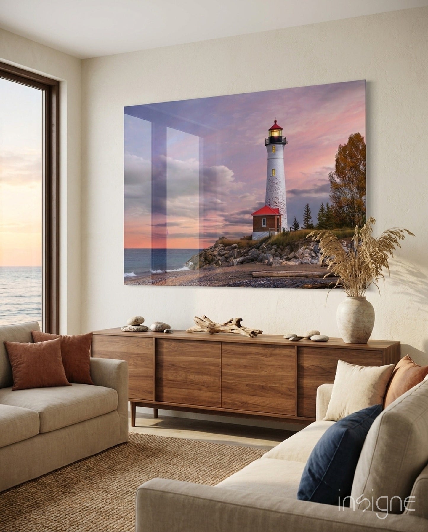Autumn shoreline lighthouse glass wall art