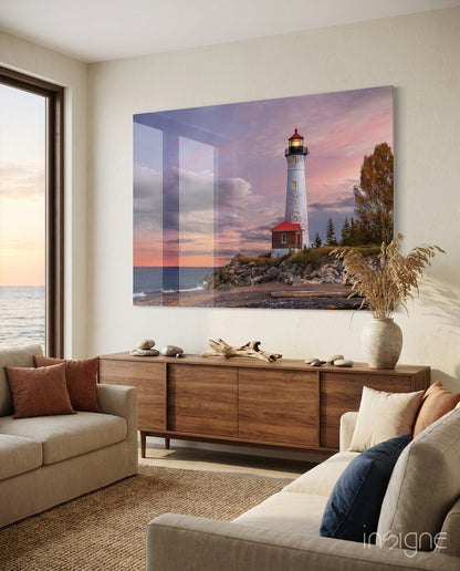 Autumn shoreline lighthouse glass wall art