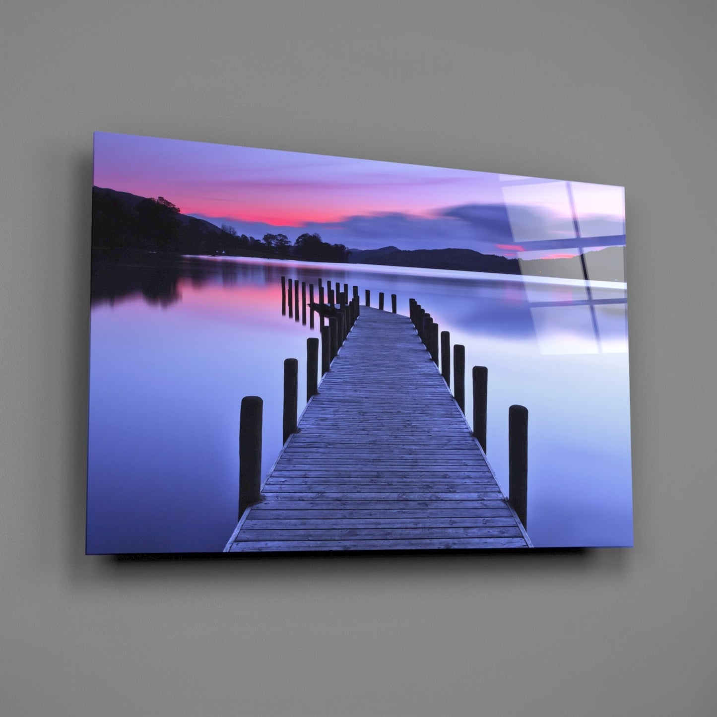 Lake Dock at Dusk Glass Wall Art, Mountain Sunset Landscape