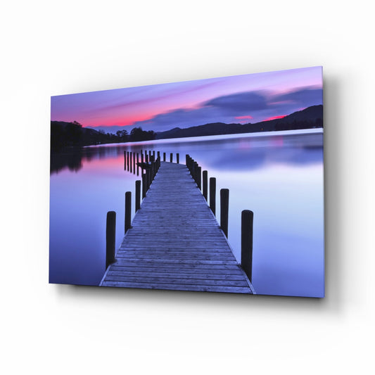 Lake Dock at Dusk Glass Wall Art, Mountain Sunset Landscape