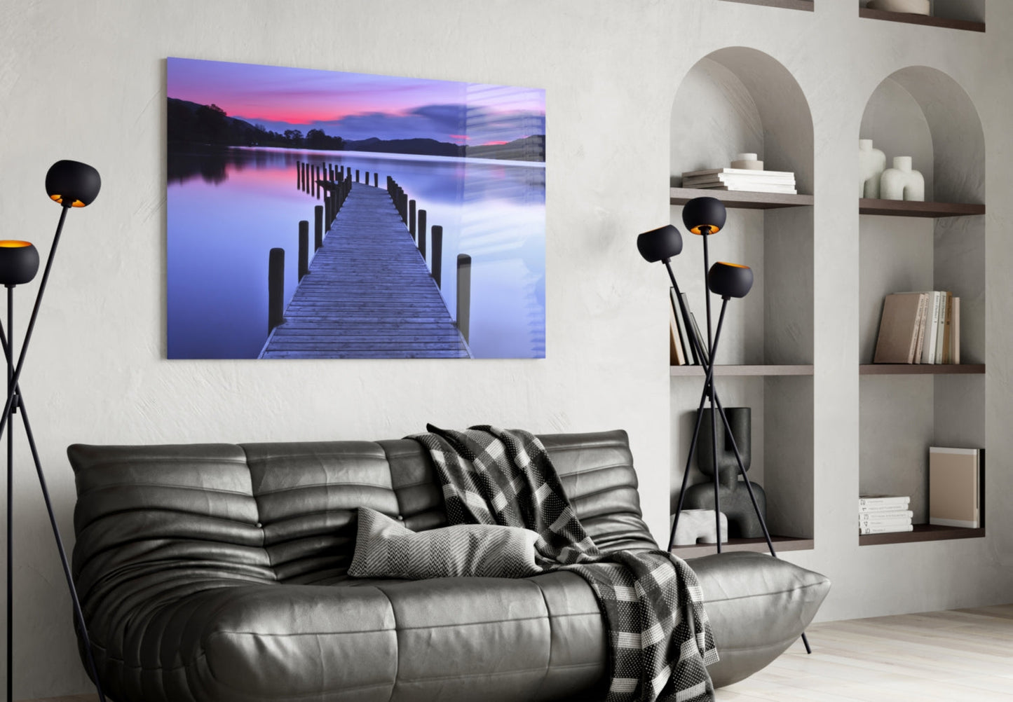 Lake Dock at Dusk Glass Wall Art, Mountain Sunset Landscape