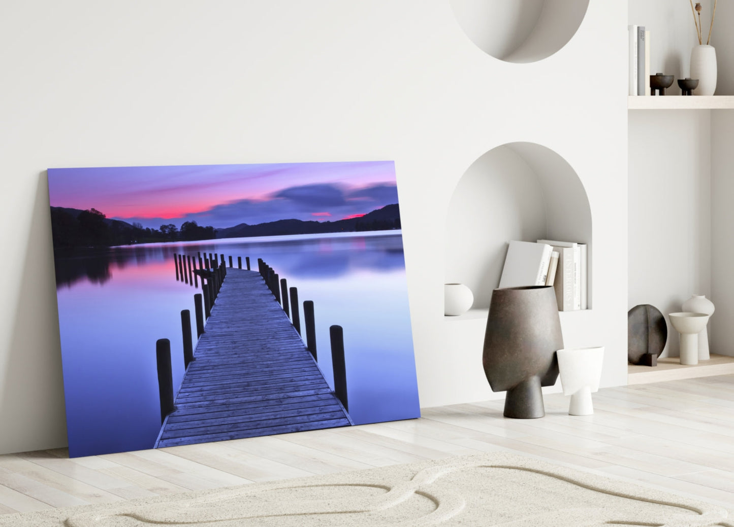 Lake Dock at Dusk Glass Wall Art, Mountain Sunset Landscape