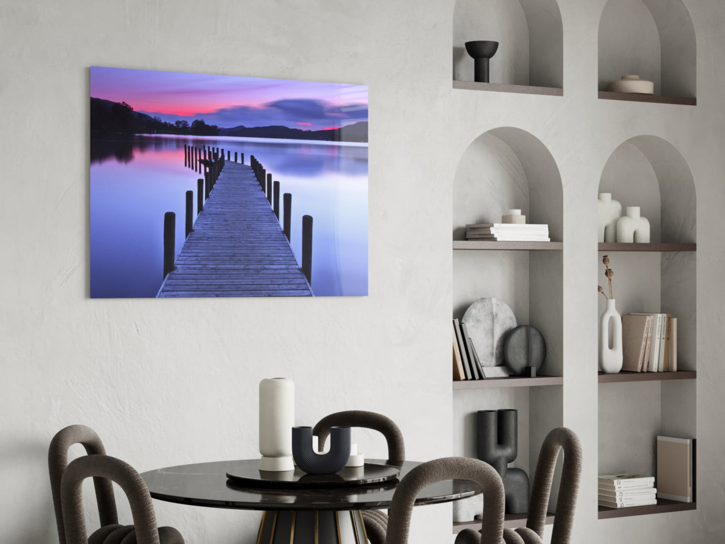 Lake Dock at Dusk Glass Wall Art, Mountain Sunset Landscape