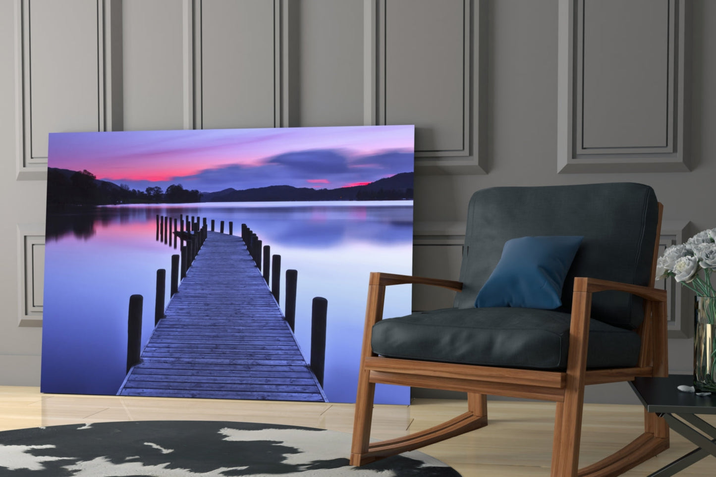 Lake Dock at Dusk Glass Wall Art, Mountain Sunset Landscape