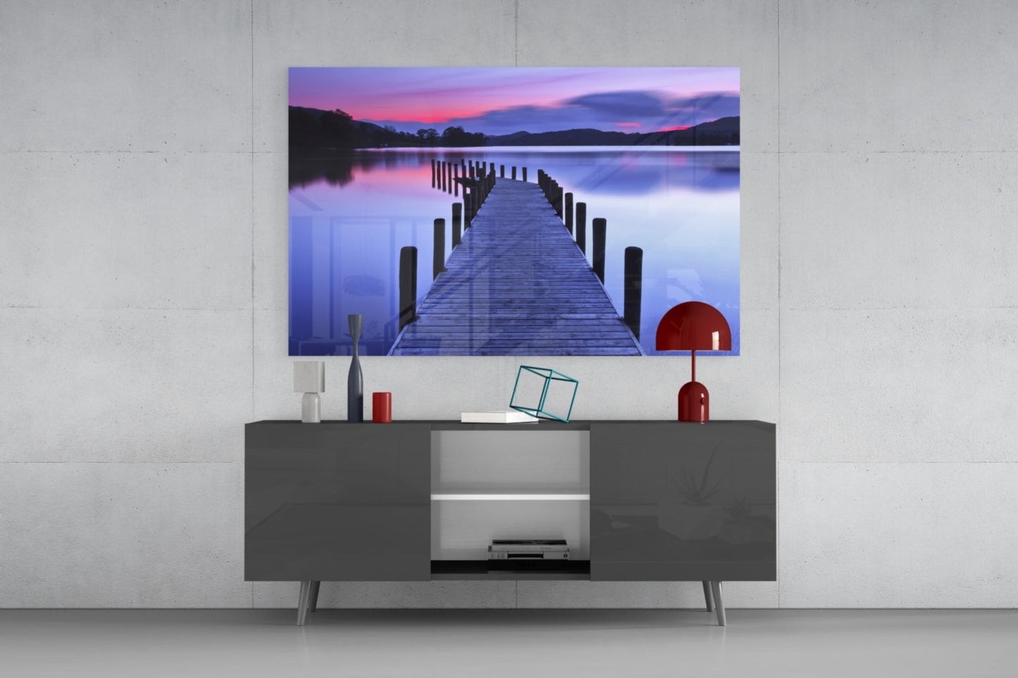 Lake Dock at Dusk Glass Wall Art, Mountain Sunset Landscape