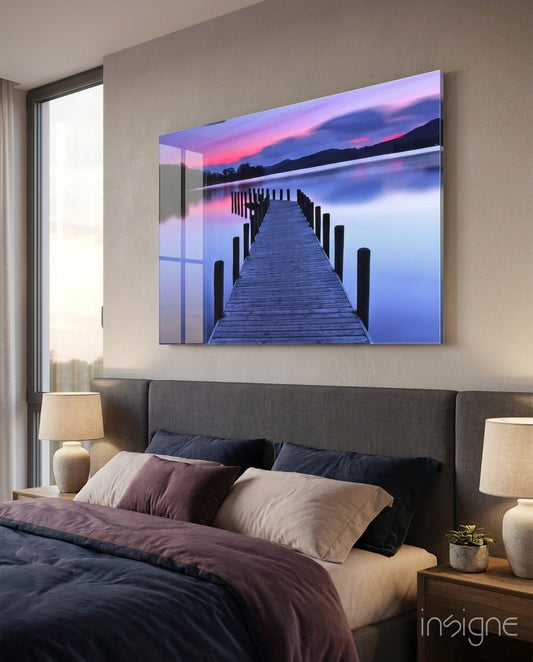 Wooden dock over a lake at dusk with mountains glass wall art