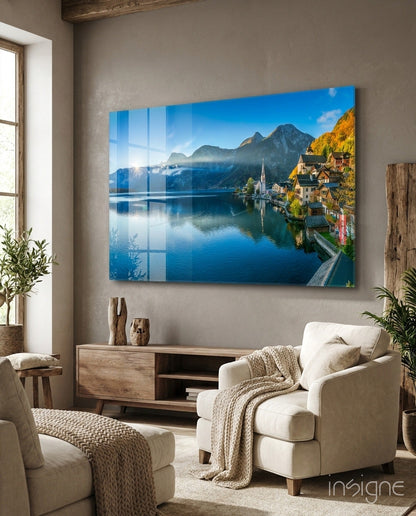 Alpine lakeside village glass wall art