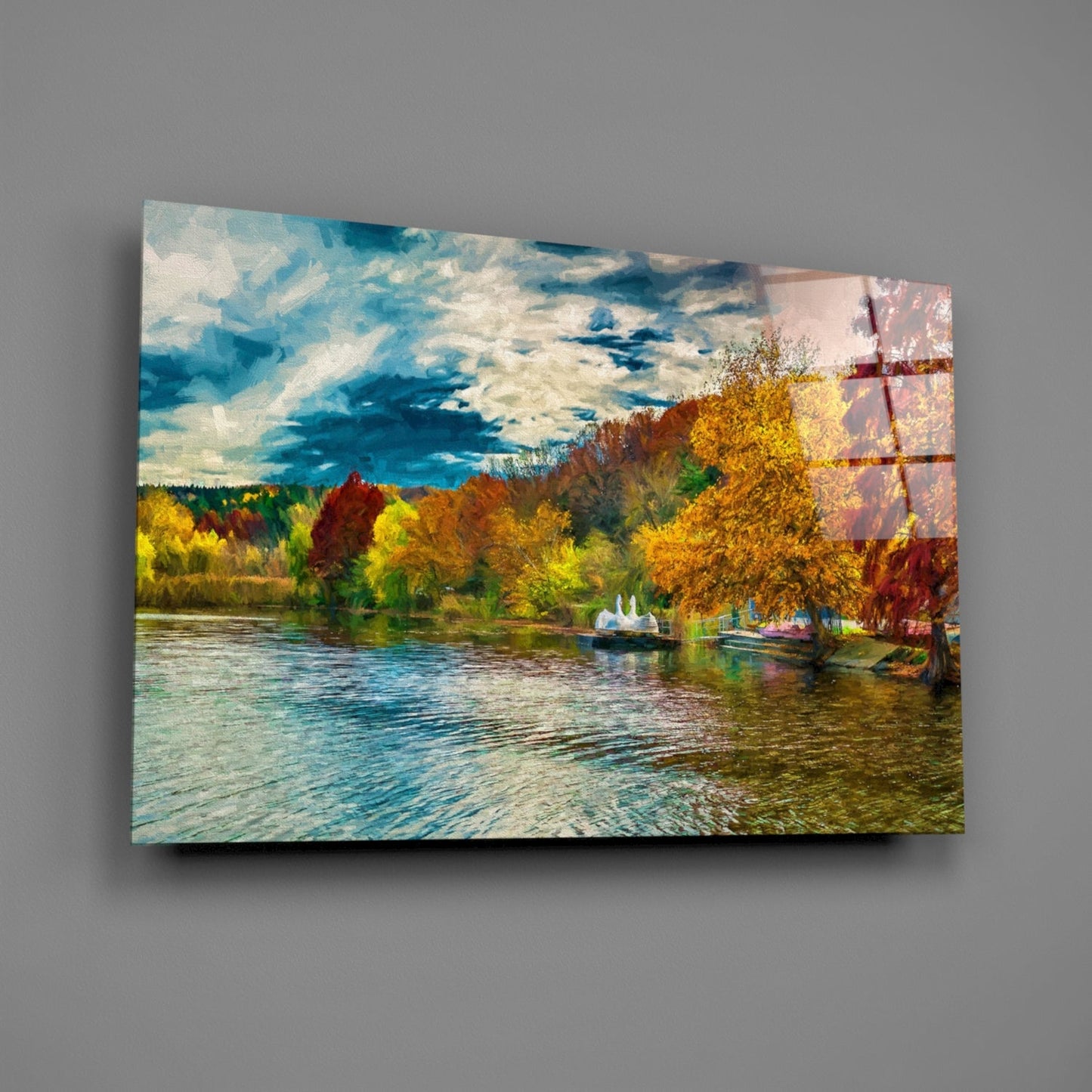 Golden Autumn Lakeside Glass Wall Art