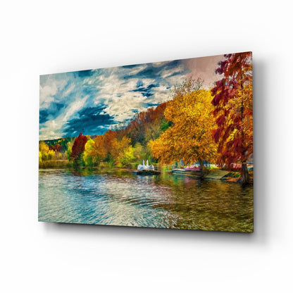 Golden Autumn Lakeside Glass Wall Art