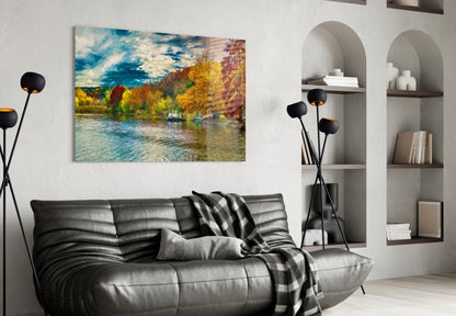 Golden Autumn Lakeside Glass Wall Art