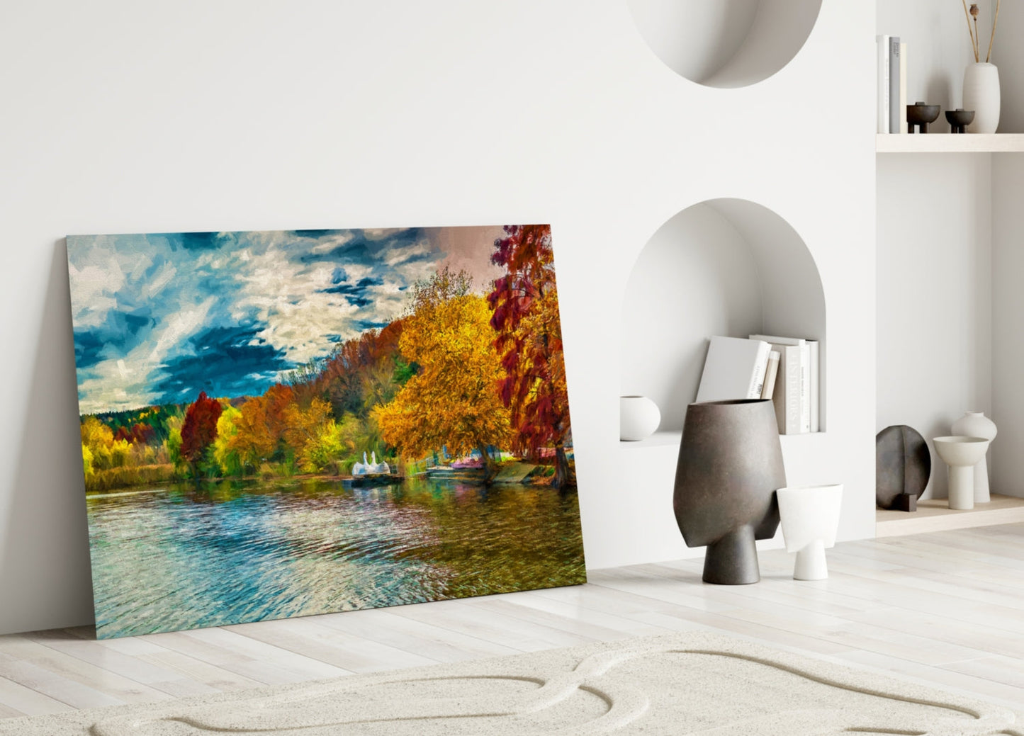 Golden Autumn Lakeside Glass Wall Art