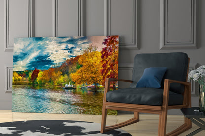 Golden Autumn Lakeside Glass Wall Art