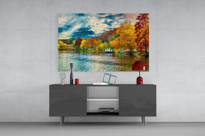 Golden Autumn Lakeside Glass Wall Art