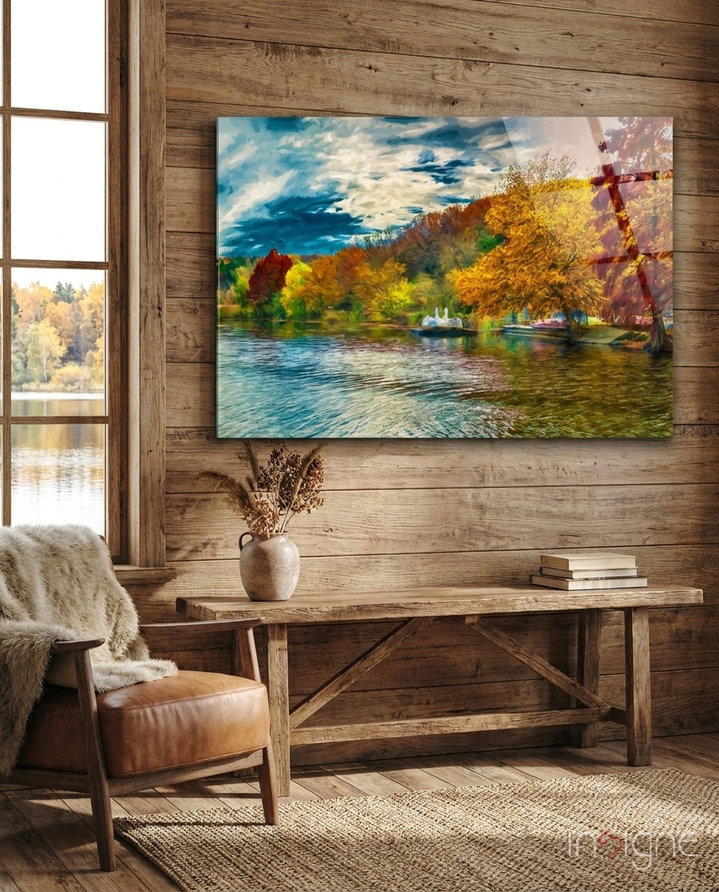Golden Autumn Lakeside Glass Wall Art