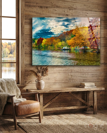 Golden Autumn Lakeside Glass Wall Art