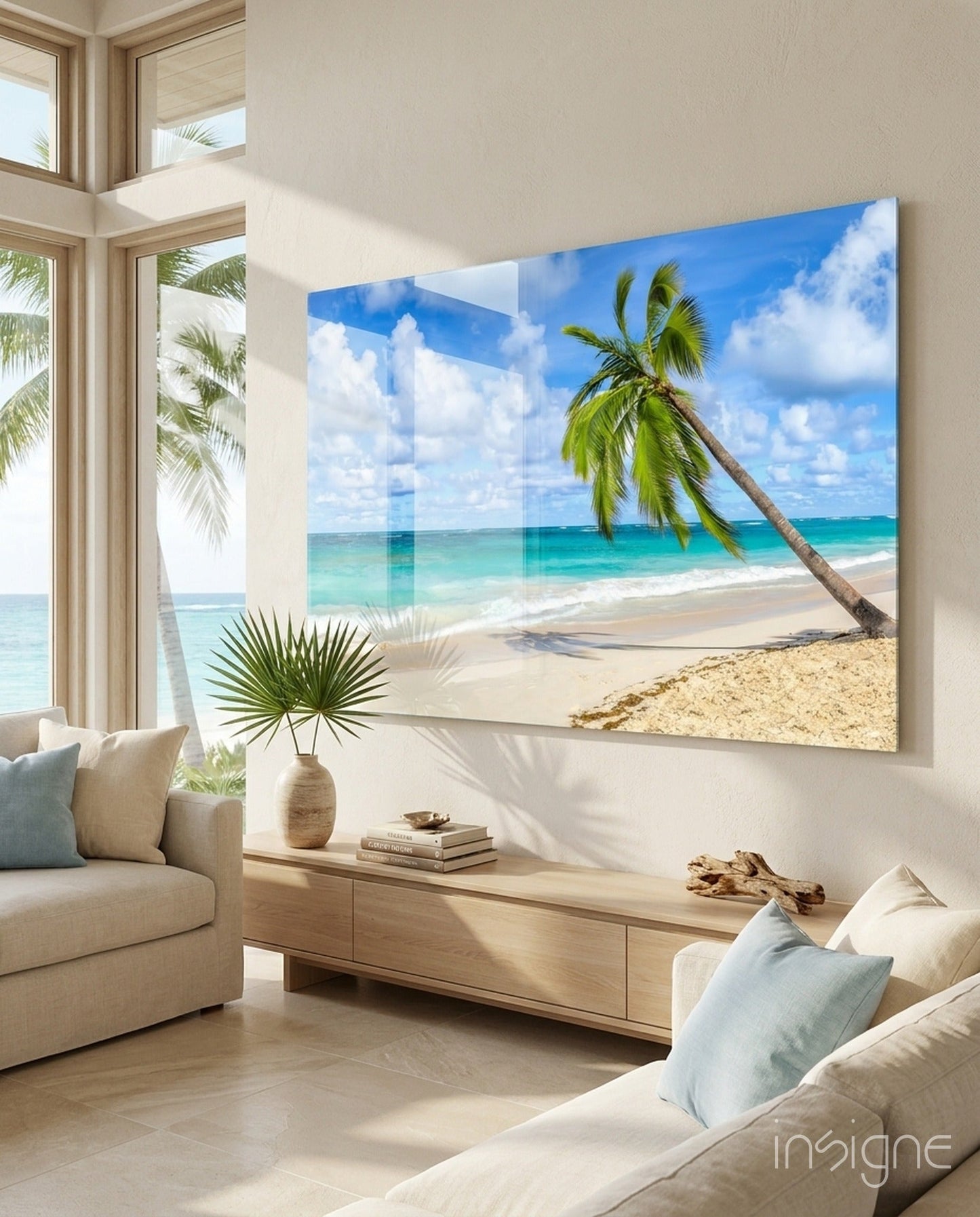 Tropical palm beach glass wall art panel