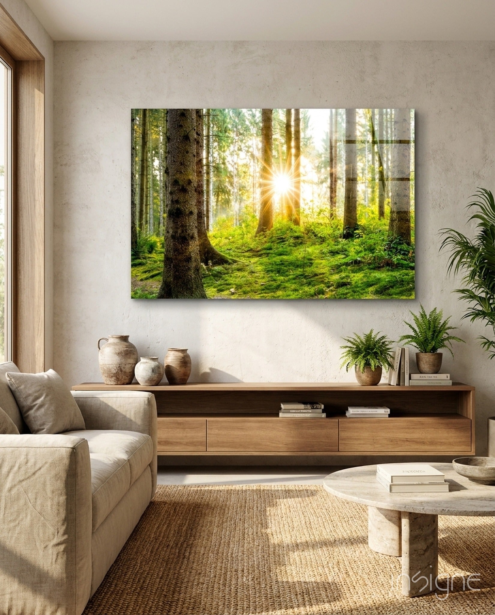 Sunlit evergreen forest glass wall art with mossy ground