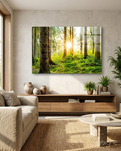 Sunlit evergreen forest glass wall art with mossy ground