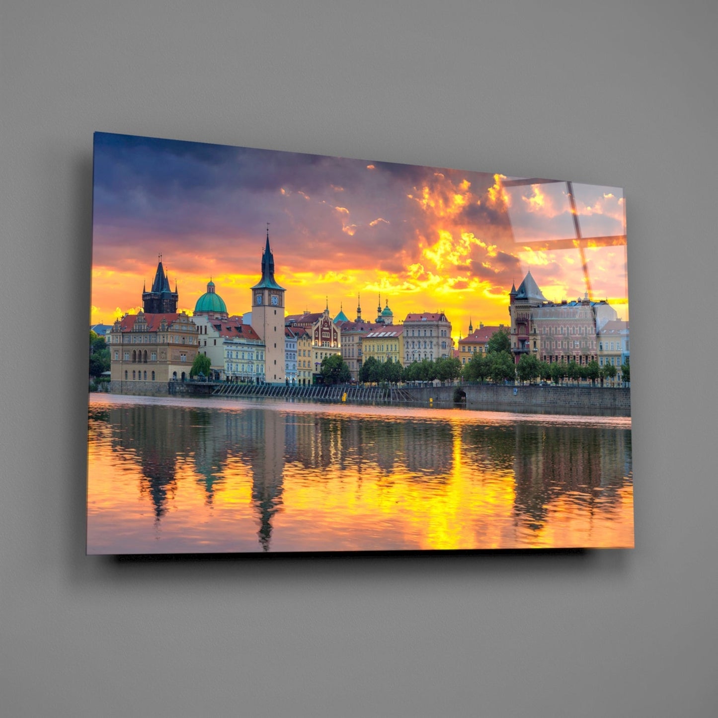 Prague Skyline Sunset Glass Wall Art