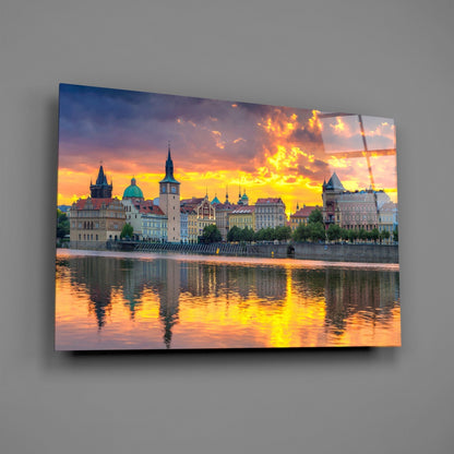 Prague Skyline Sunset Glass Wall Art