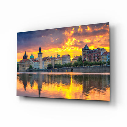 Prague Skyline Sunset Glass Wall Art