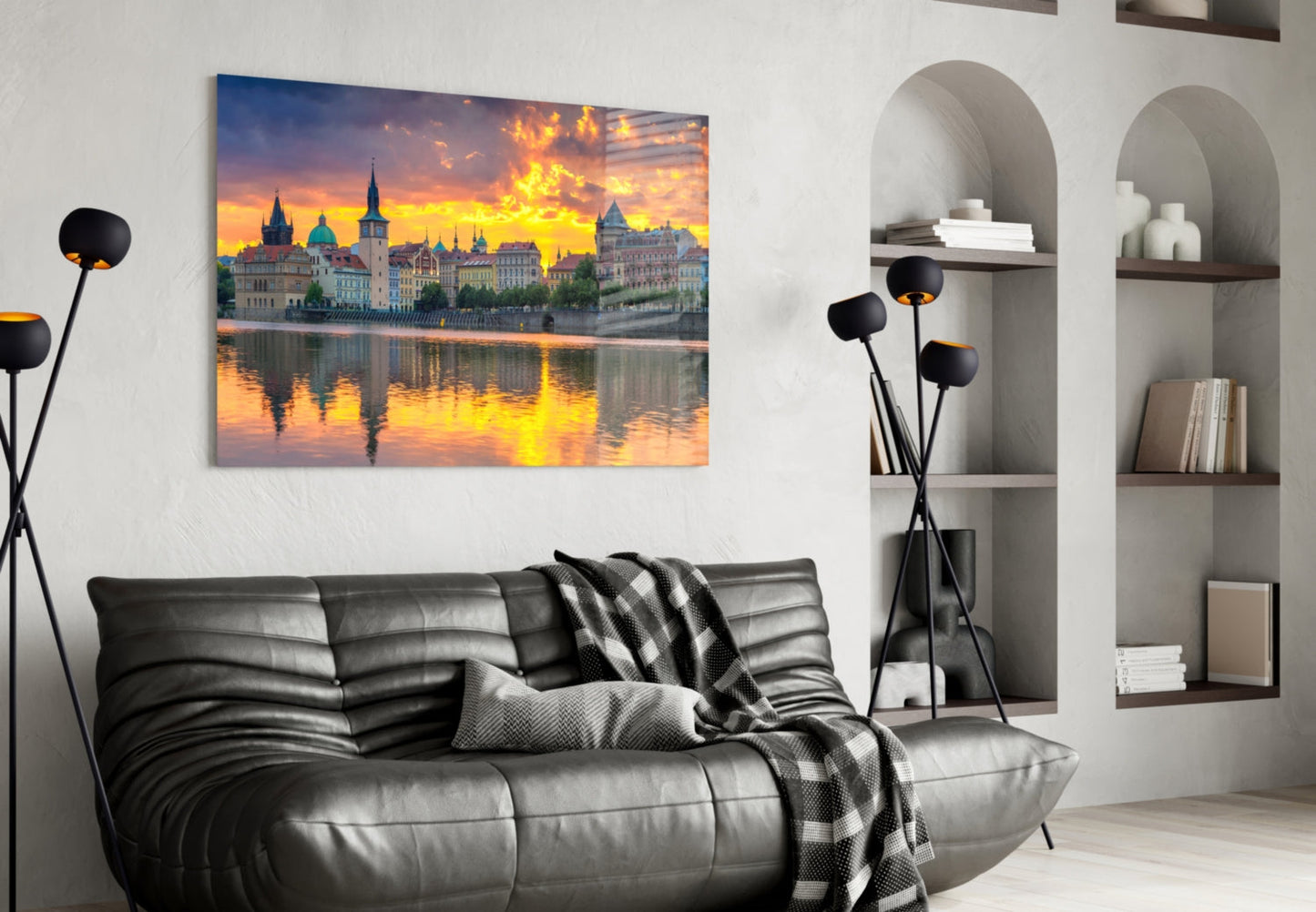 Prague Skyline Sunset Glass Wall Art