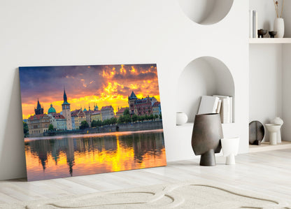 Prague Skyline Sunset Glass Wall Art
