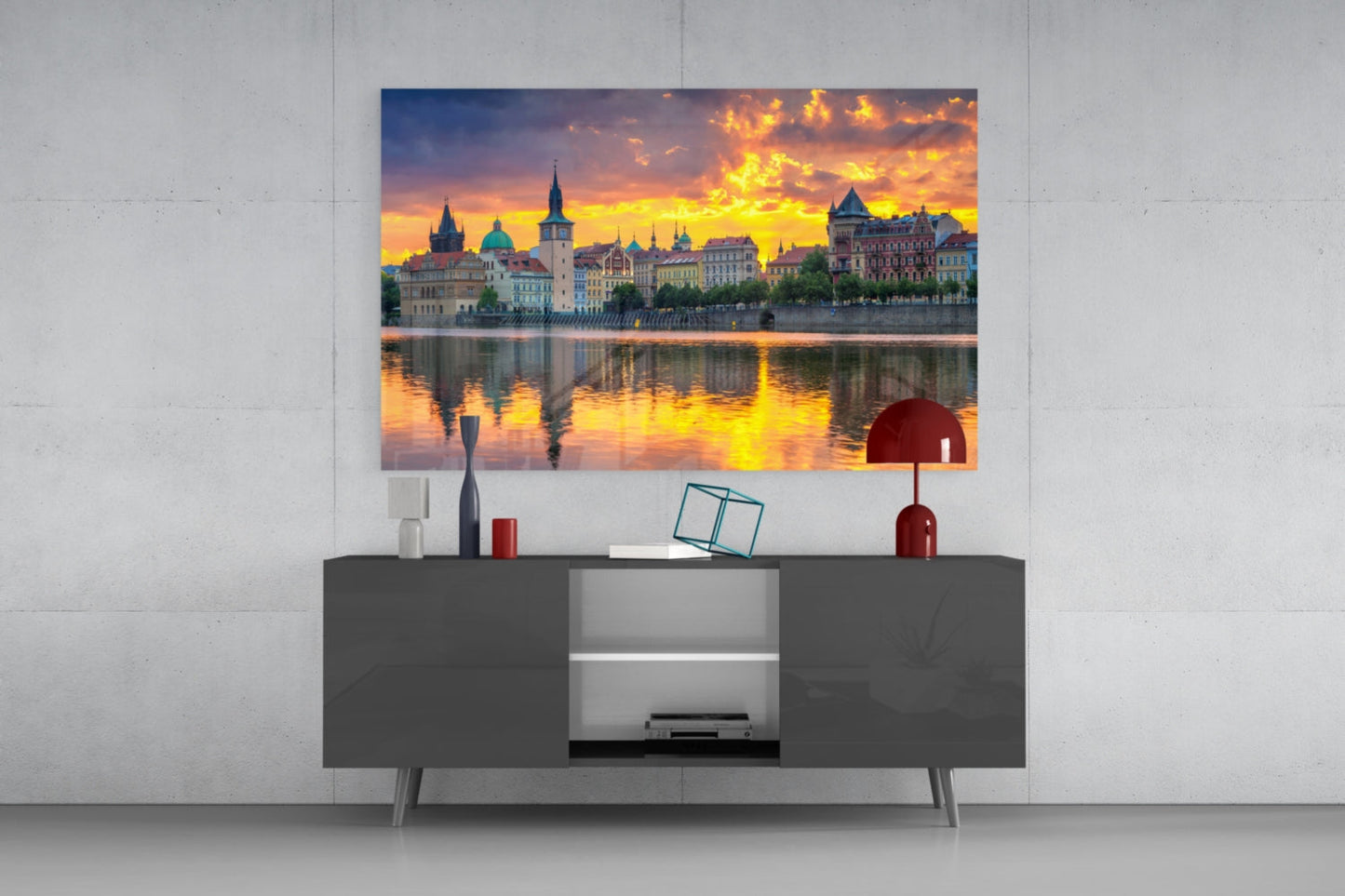 Prague Skyline Sunset Glass Wall Art