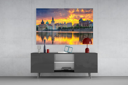 Prague Skyline Sunset Glass Wall Art