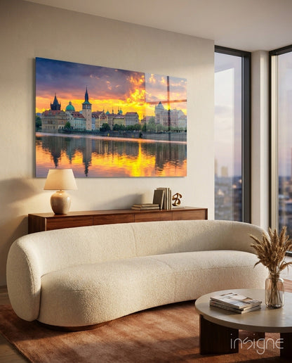 Prague skyline sunset glass wall art
