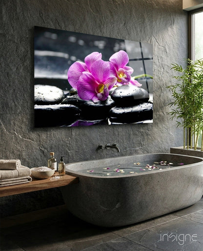 Magenta orchid spa stones glass wall art