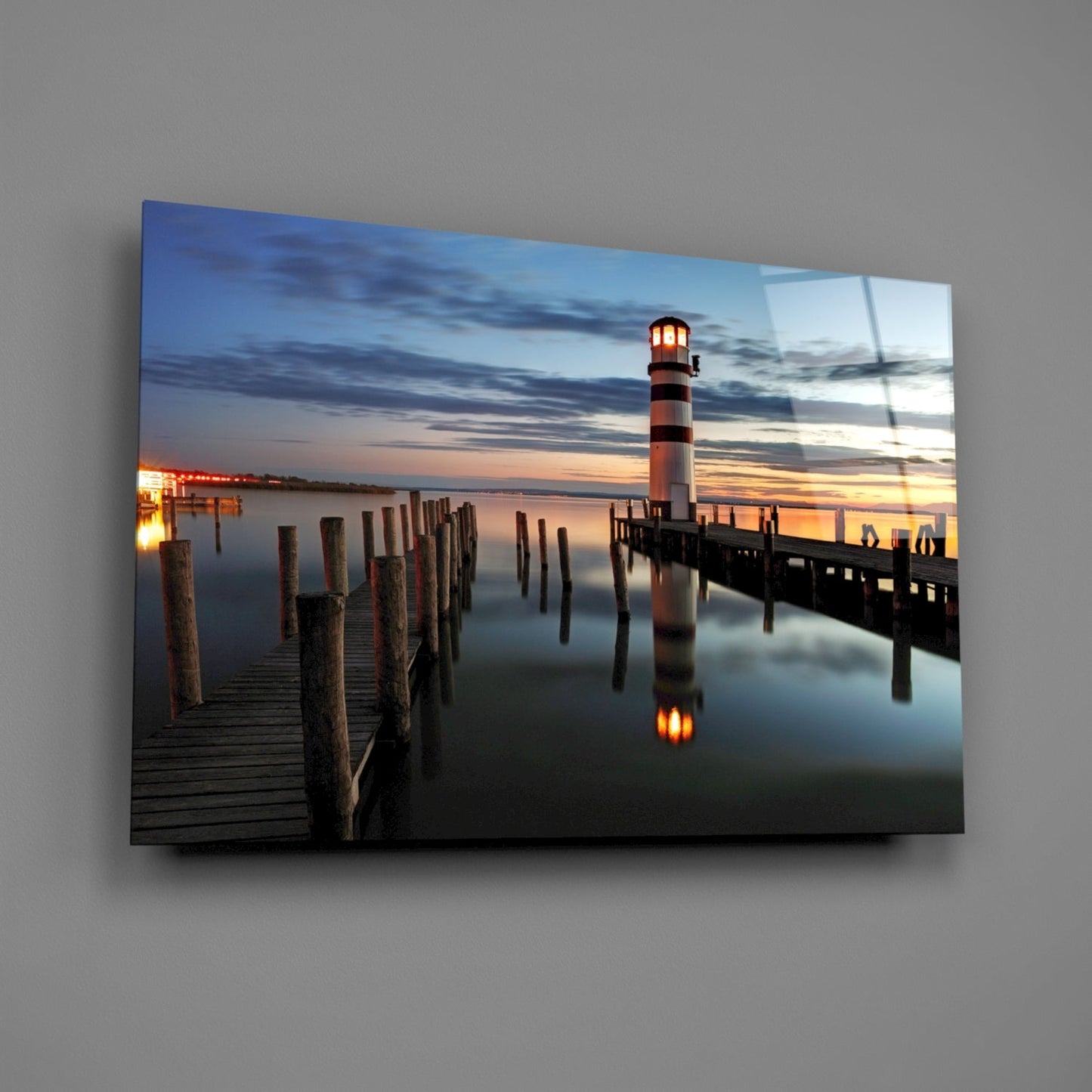 Lighthouse Pier Dusk Glass Wall Art