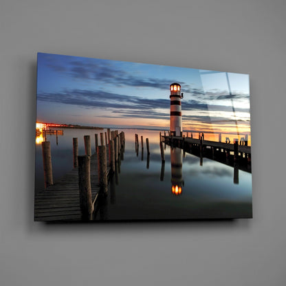 Lighthouse Pier Dusk Glass Wall Art