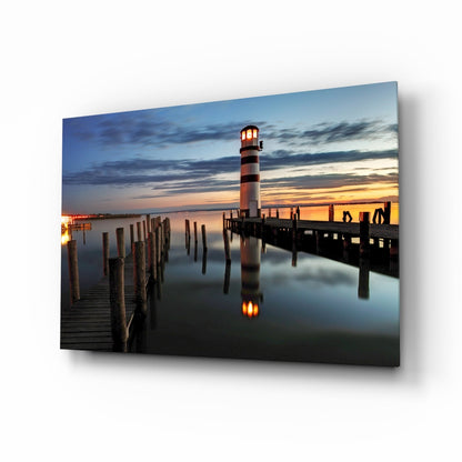 Lighthouse Pier Dusk Glass Wall Art