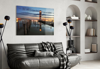 Lighthouse Pier Dusk Glass Wall Art