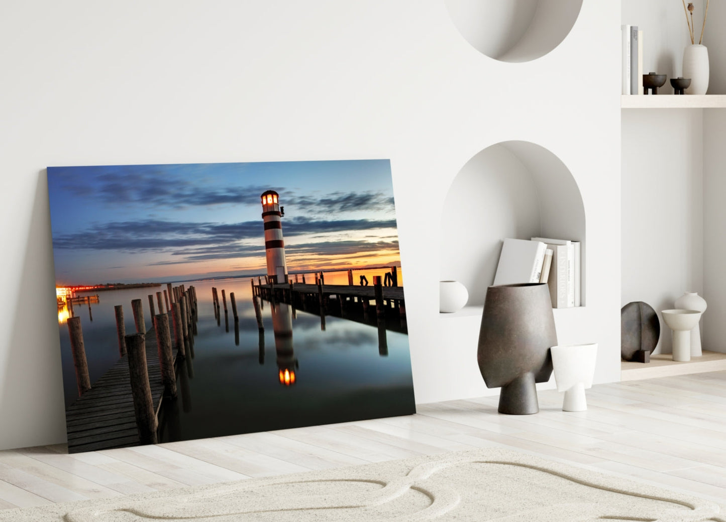 Lighthouse Pier Dusk Glass Wall Art