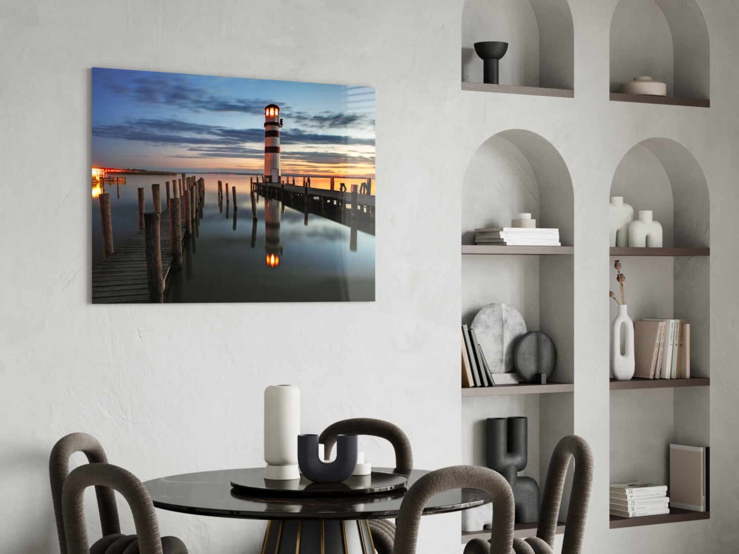 Lighthouse Pier Dusk Glass Wall Art