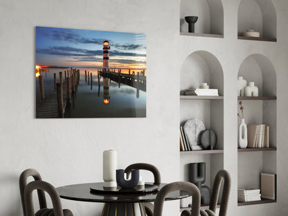Lighthouse Pier Dusk Glass Wall Art