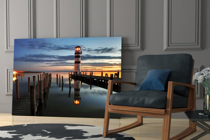 Lighthouse Pier Dusk Glass Wall Art