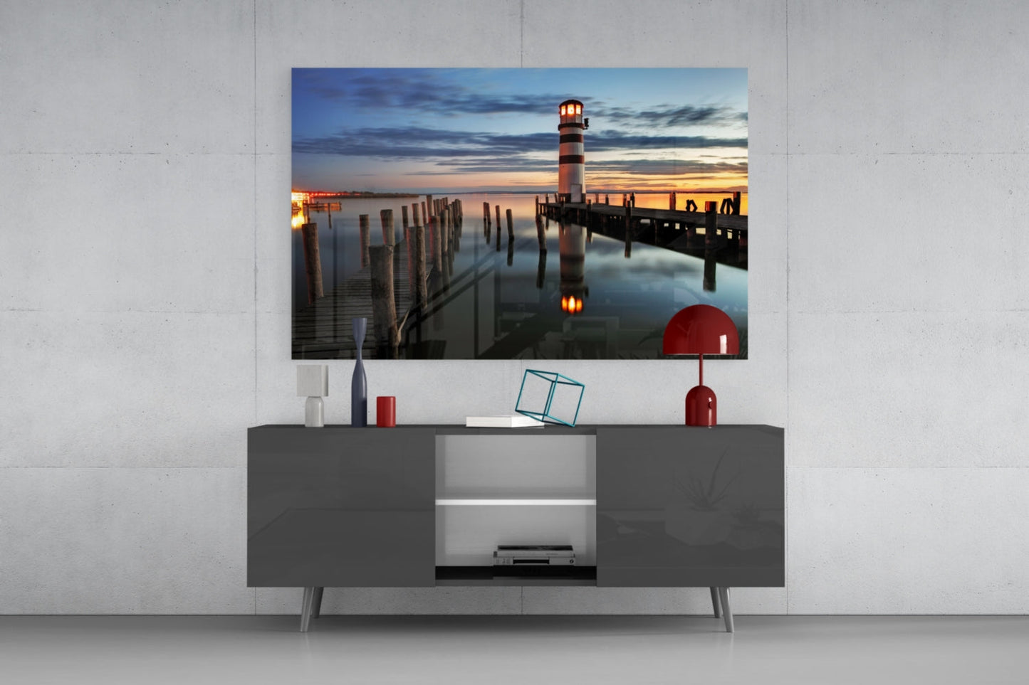 Lighthouse Pier Dusk Glass Wall Art