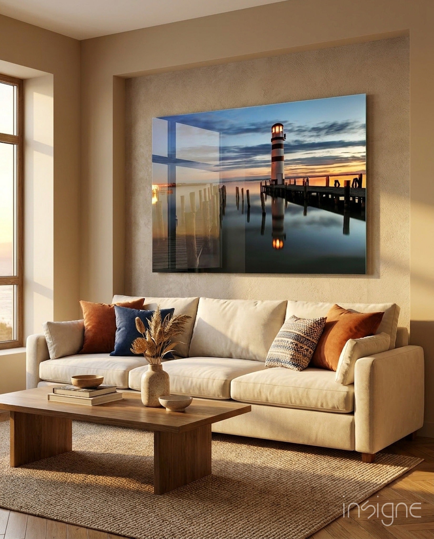 Lighthouse Pier Dusk glass wall art with striped lighthouse reflection scene