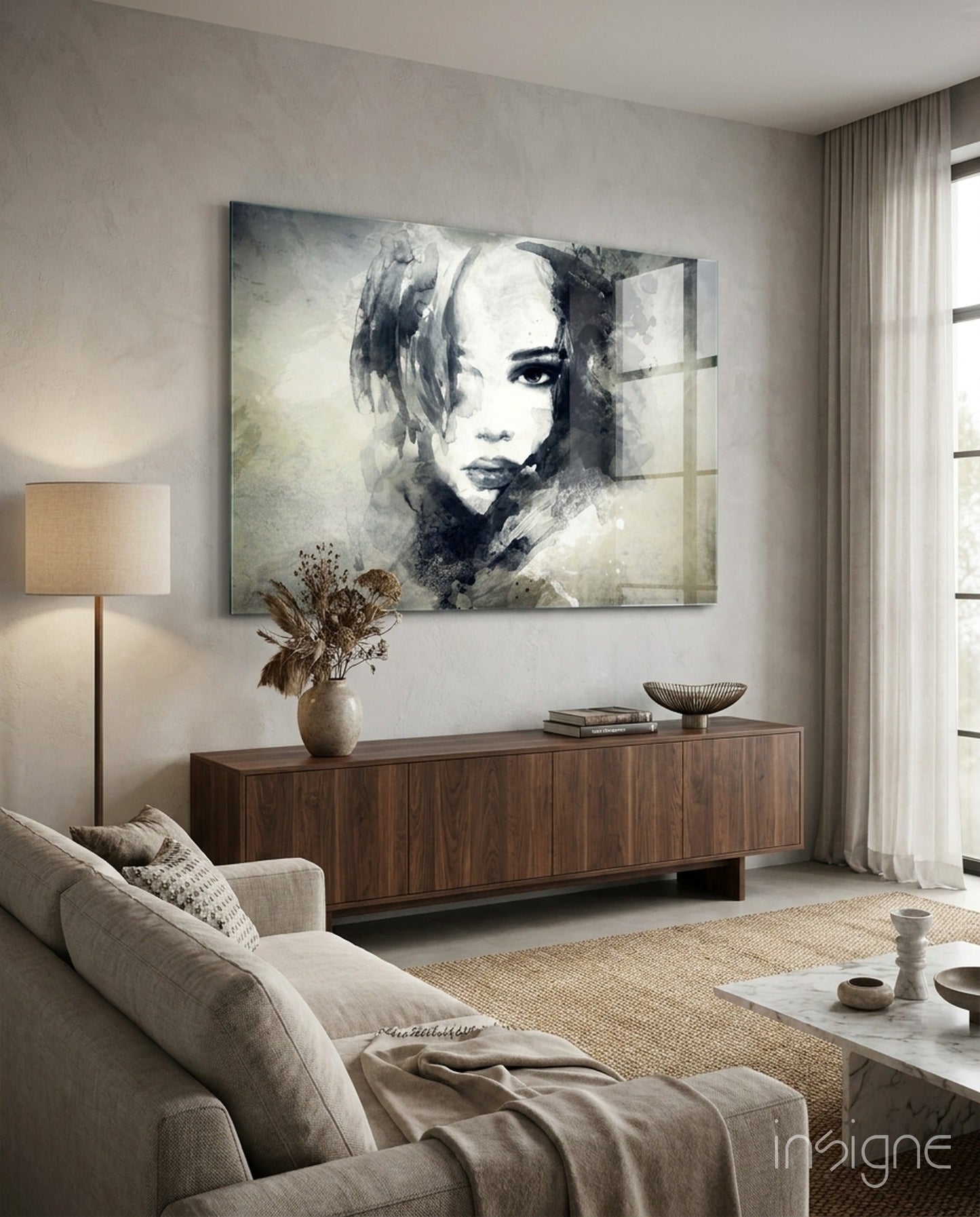 Watercolor sketch portrait glass wall art in sepia tones