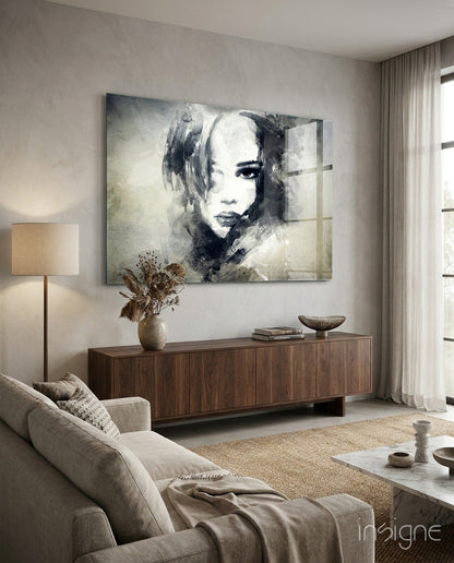 Watercolor sketch portrait glass wall art in sepia tones