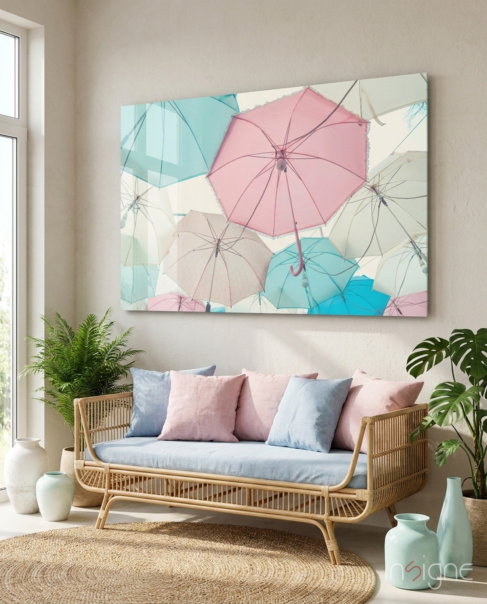 Pastel umbrellas glass wall art