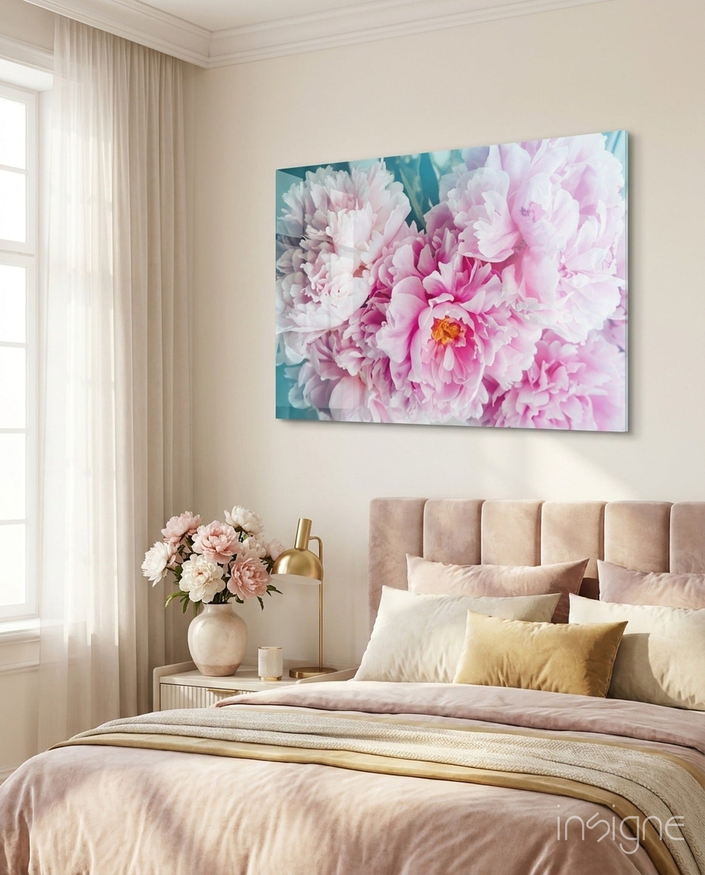 Pink peony bunch teal glass wall art