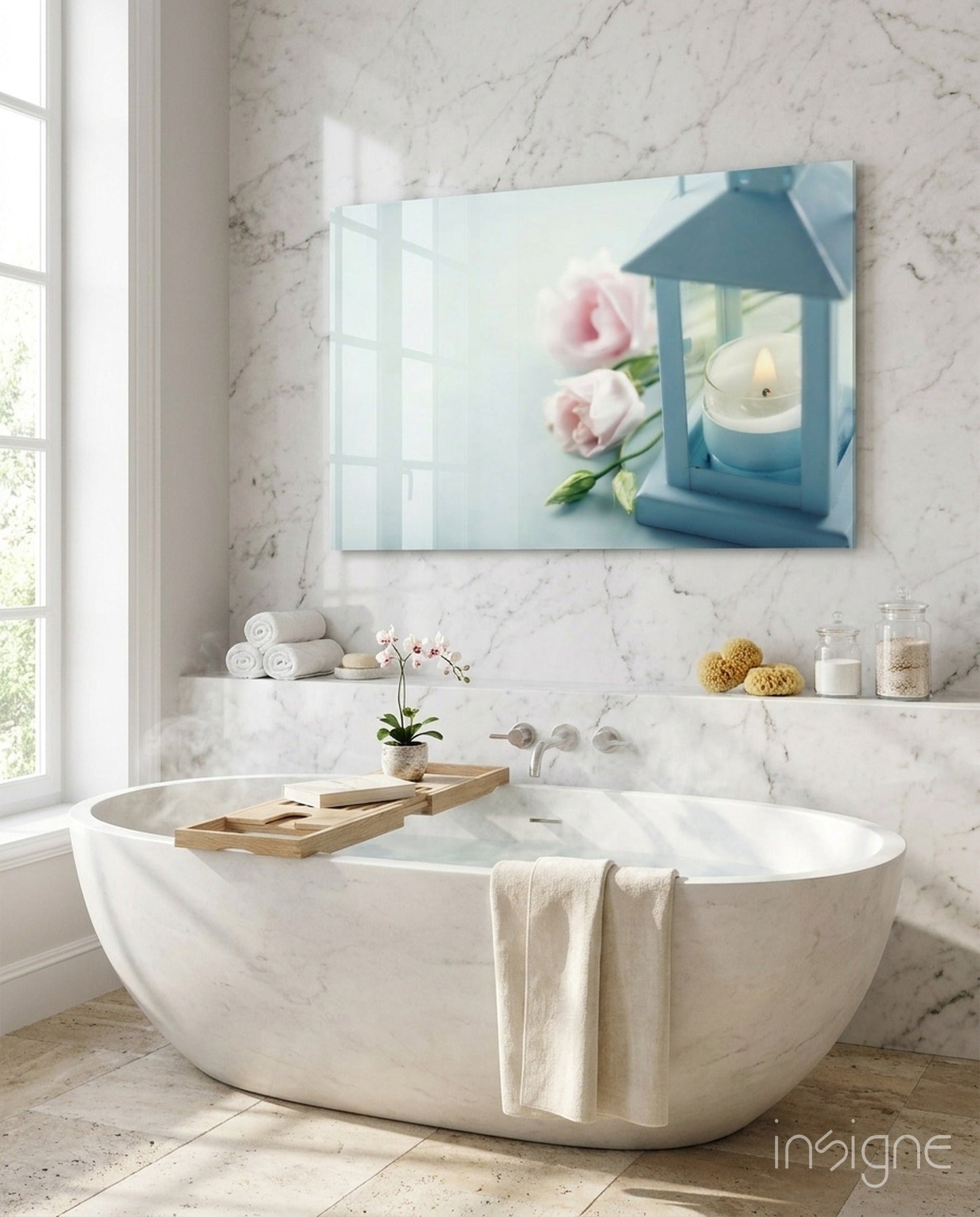 Candle and rose still life tempered glass wall art