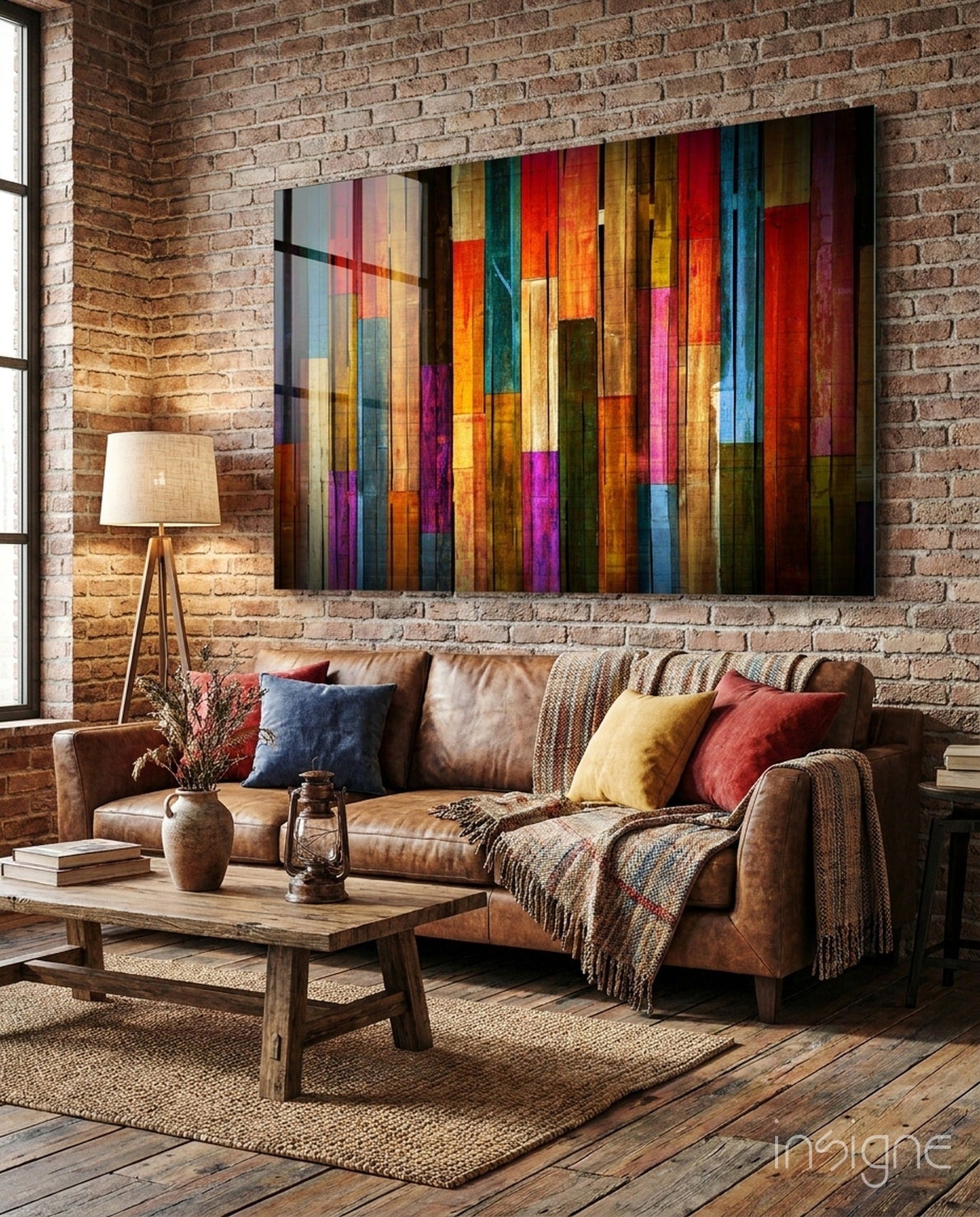 Vibrant Multicolor Wood Plank Stripes boho glass wall art